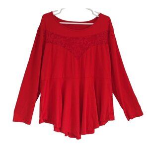 Women's Red Long Sleeve Lace Detail Flowy Hem Blouse, Size 3XL